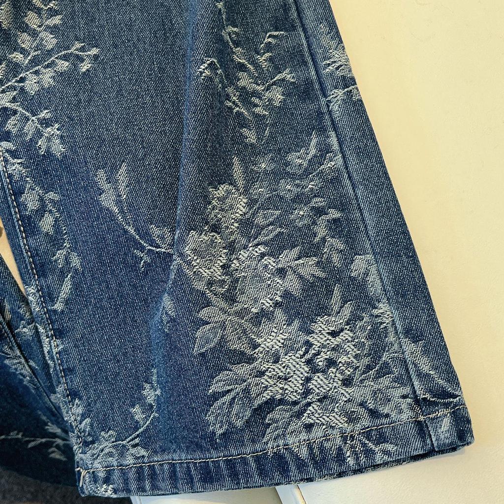Women's High Waist Retro Blue Jacquard Straight Leg Jeans - 2025 Autumn Collection
