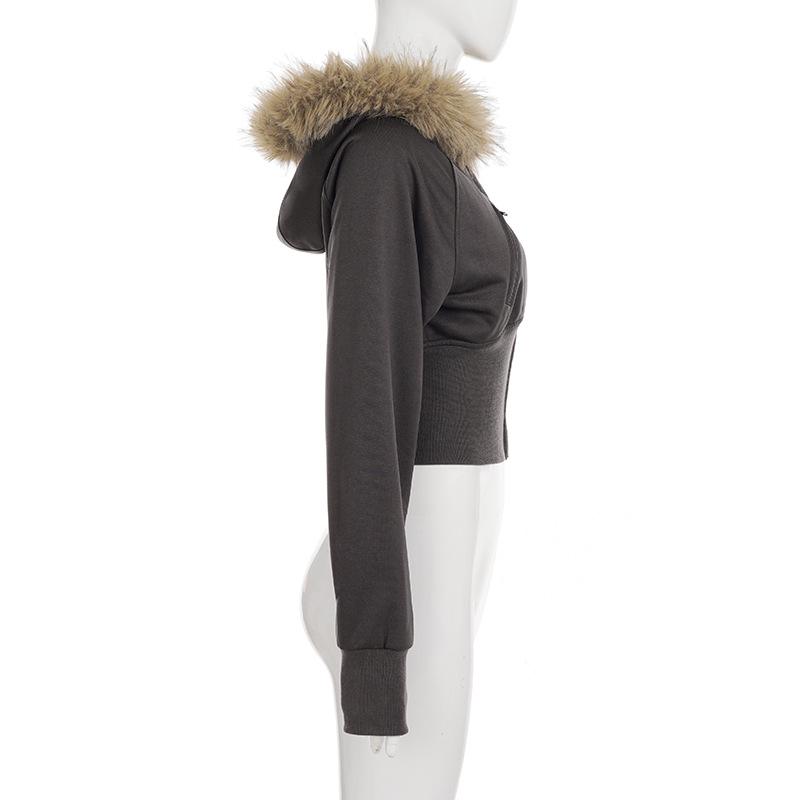 Retro American Street Style Slimming Hooded Zip-up Sweatshirt with Drawstring Waist