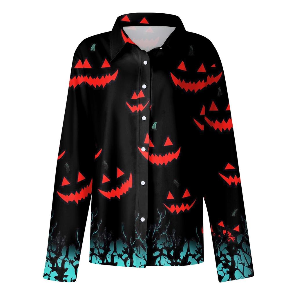 Damen Hemd Bluse Halloween Print Knopf Langarm Lässig Basic Hemdkragen Regulär Top