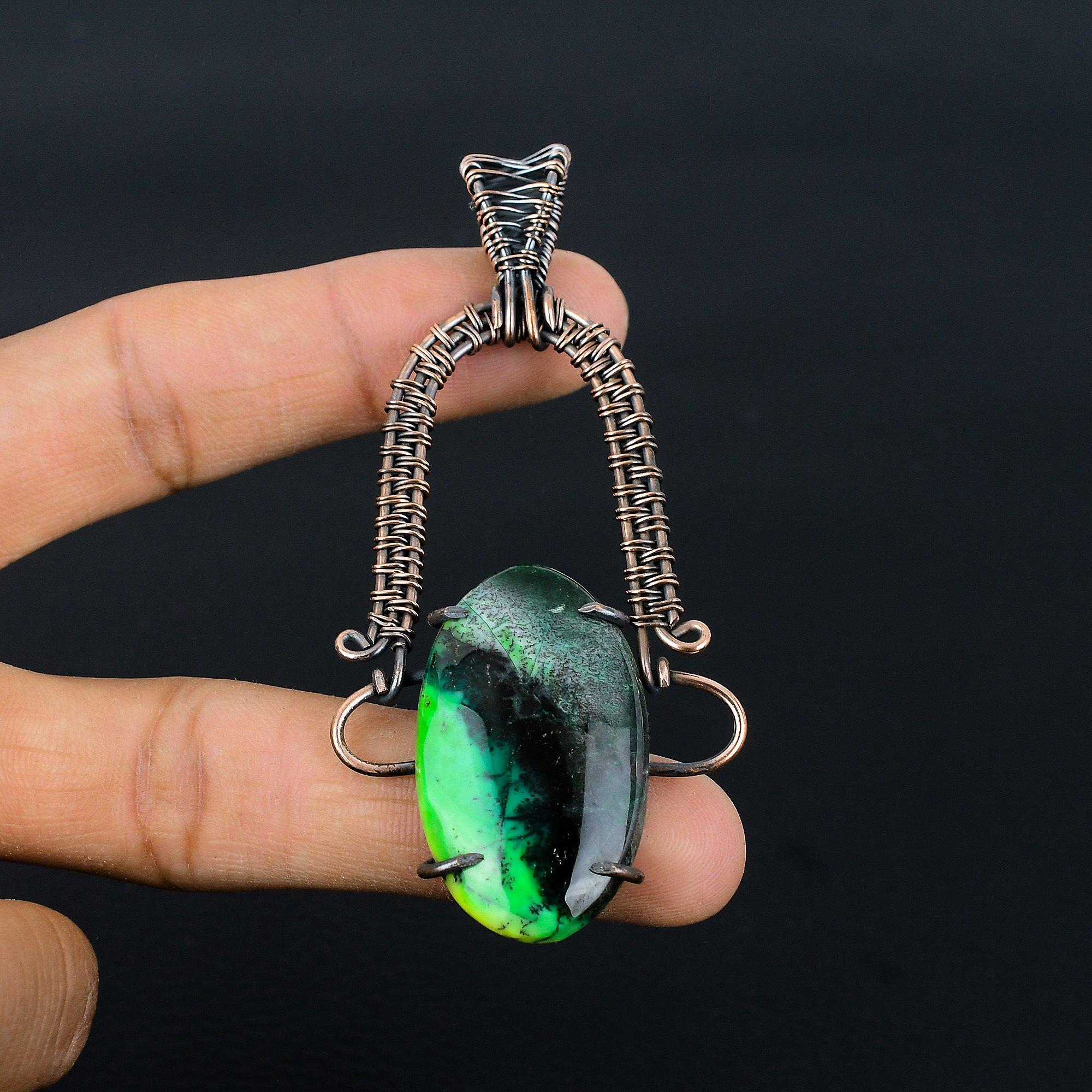 

Green Dendrite Opal 999 Copper Wire Wrapped Pendant, Handmade Gemstone Pendant Jewelry, Gifts For Wife Brand New Pendant 2.55 Inches
