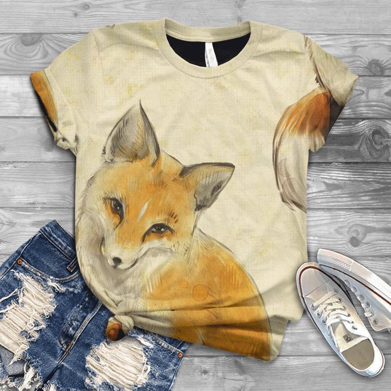 Sommer Kreativ Fuchs Groß Locker 3D T-Shirt 3D Bedrucktes Damen Kurzarm T-Shirt