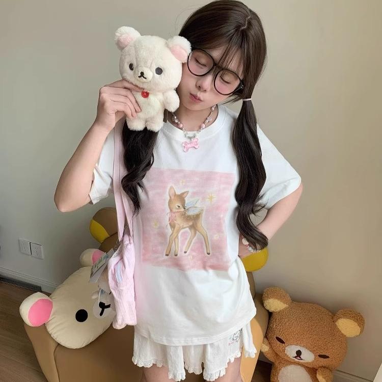 summer pure cotton Women cute cartoon Print T-Shirt harajuku Round Neck oversize Casual Y2K Tops young girl white t shirts streetwear