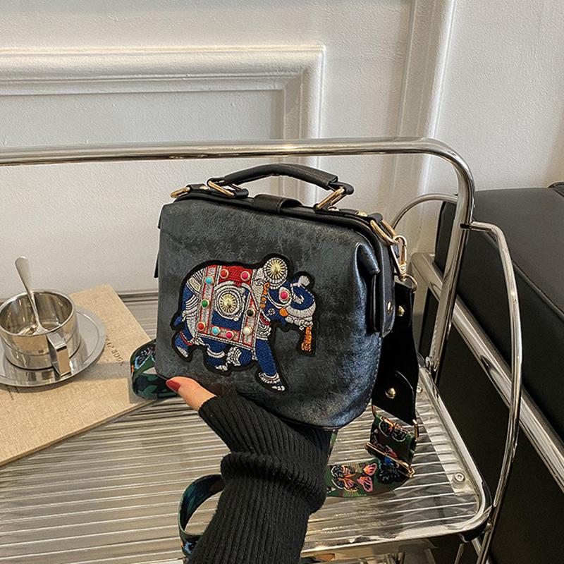Винтажная вышитая докторская сумка слон с широким ремешком из искусственной кожи для женщин, сумка через плечо, дизайнерская сумка-тоут, женские сумки, кошельки 18x9.5x14.5cm чёрный