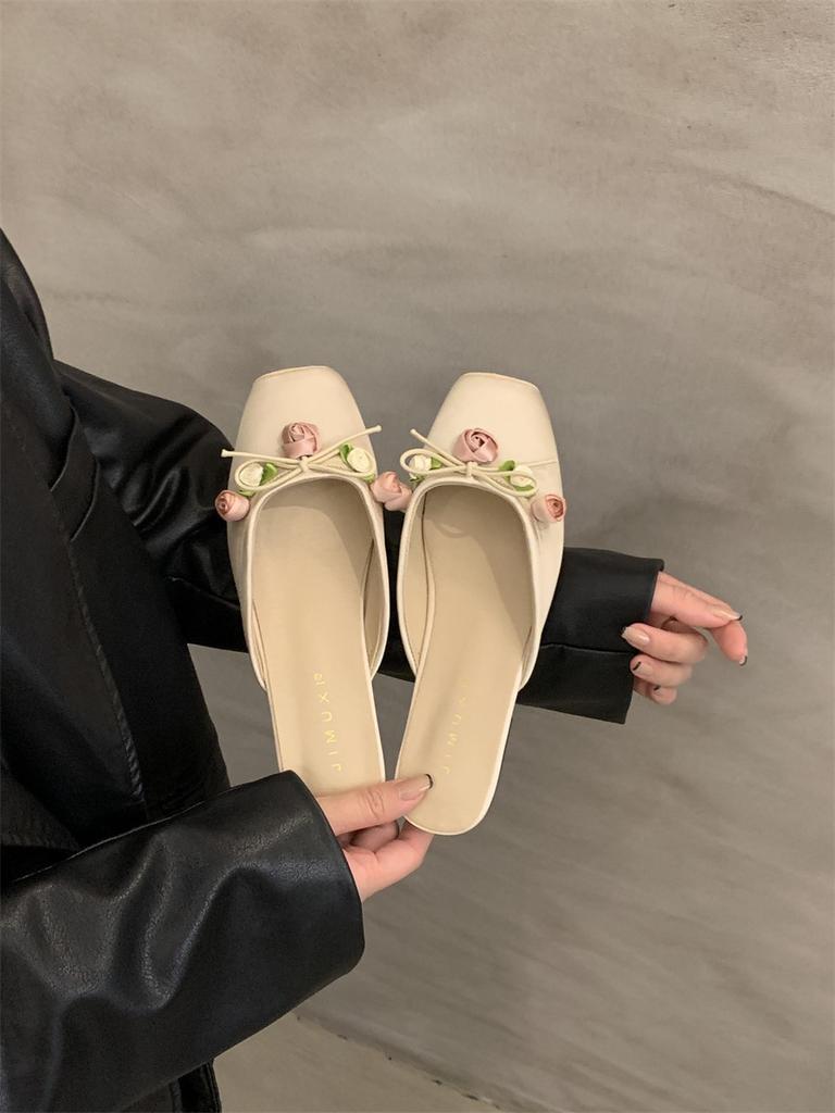 2024 New Women Baotou Half Slippers Ladies Square Toe Thick Heel Muller Sandals for Outer Wear Flat Bottom Zapatos Mujer Summer