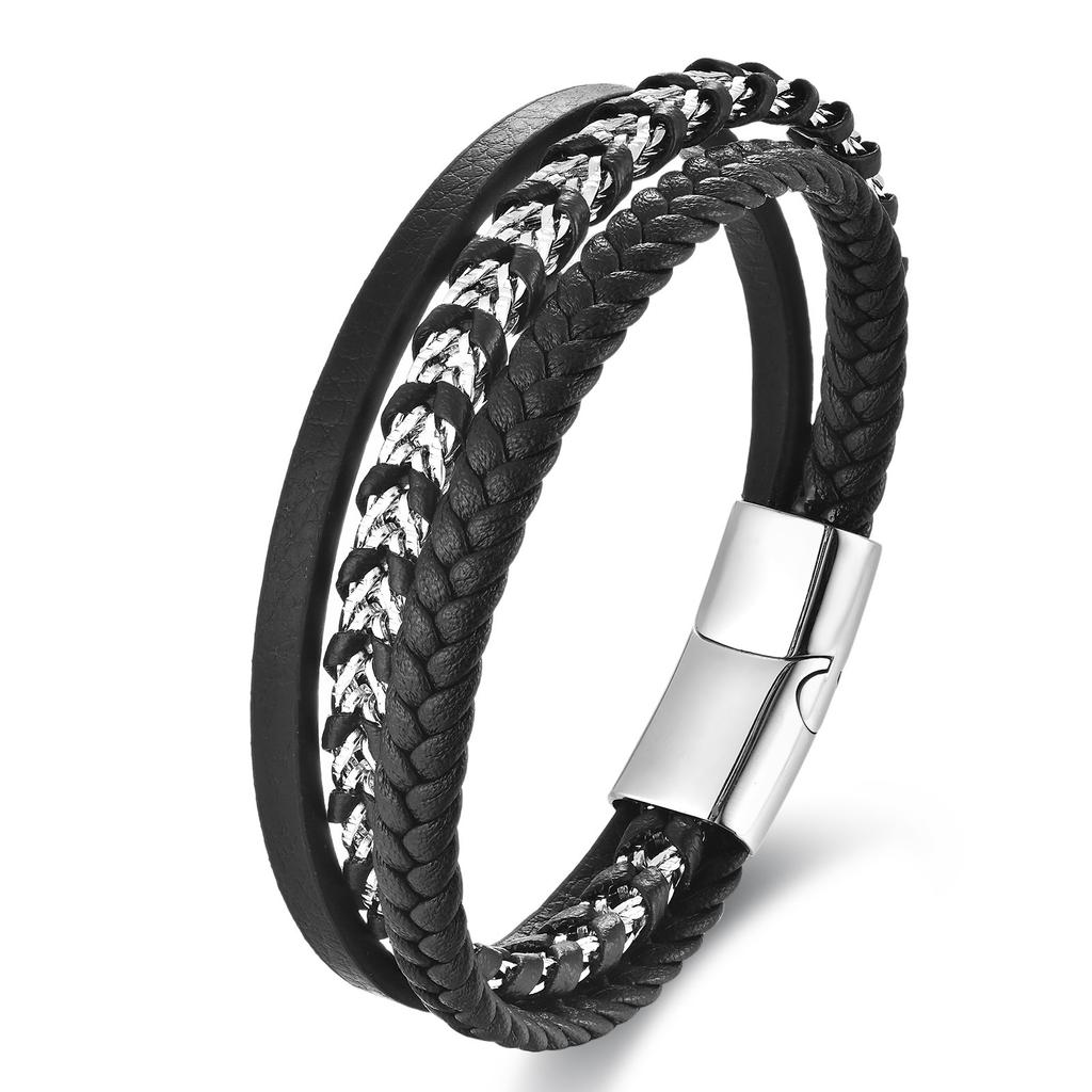 Men's Black Leather Bracelet Stainless Steel Double Layer Braided Wristband Fashion Handmade Cowhide Rope Jewelry Accessories