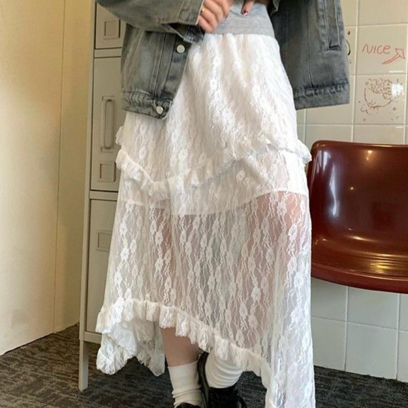 

Свободный нишевый дизайн, элегантная асимметричная многоярусная миди-юбка-торт с кружевом, с высокой посадкой, для женщин S