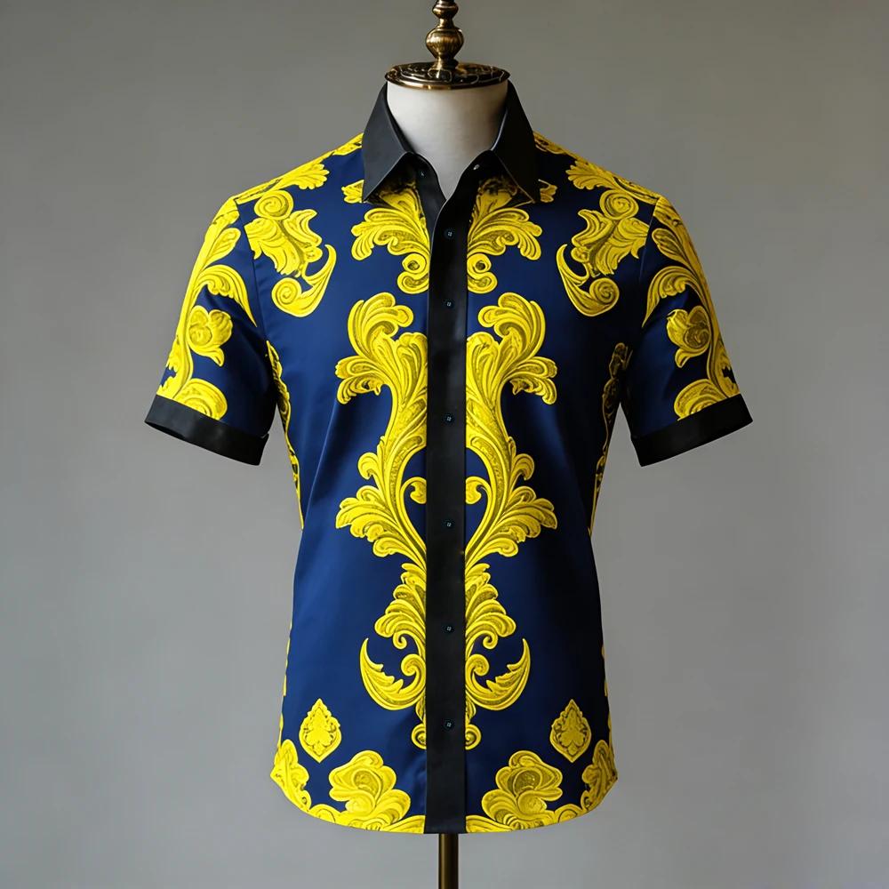 Short-sleeve linen shirt with vintage ornate floral print, casual wear.