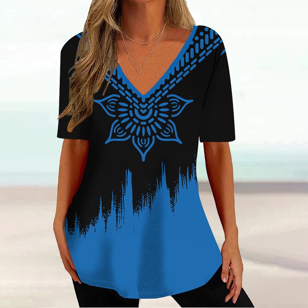 Summer V-neck 3D Geometric Striped Printed Top Fashionable Casual Short Sleeved Women's T-shirts