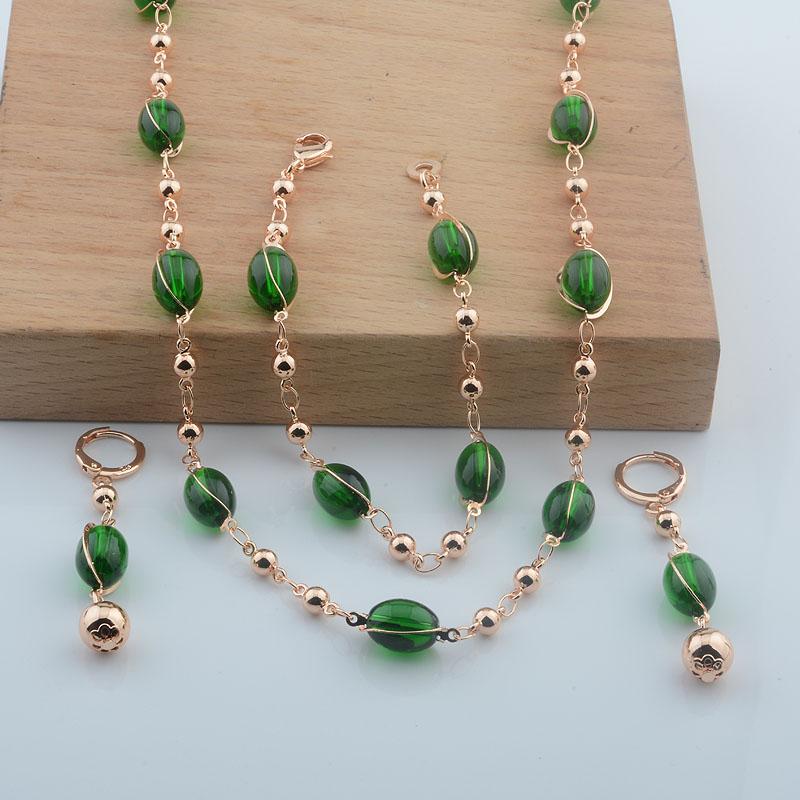 Women 14K Rose Gold Green Brown Bead Bracelet Necklace Earring Set Jewelry