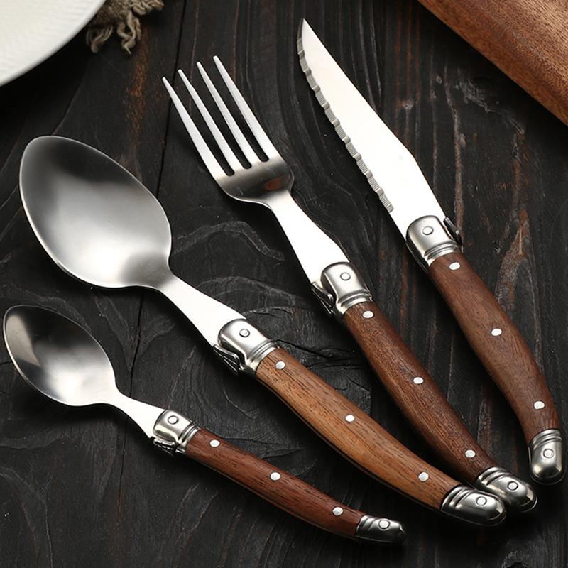 Wood Dinnerware,Stainless Steel Cutlery Set Steak Knife Fork Spoon Retro Flatware Luxury household tableware dinnerware set