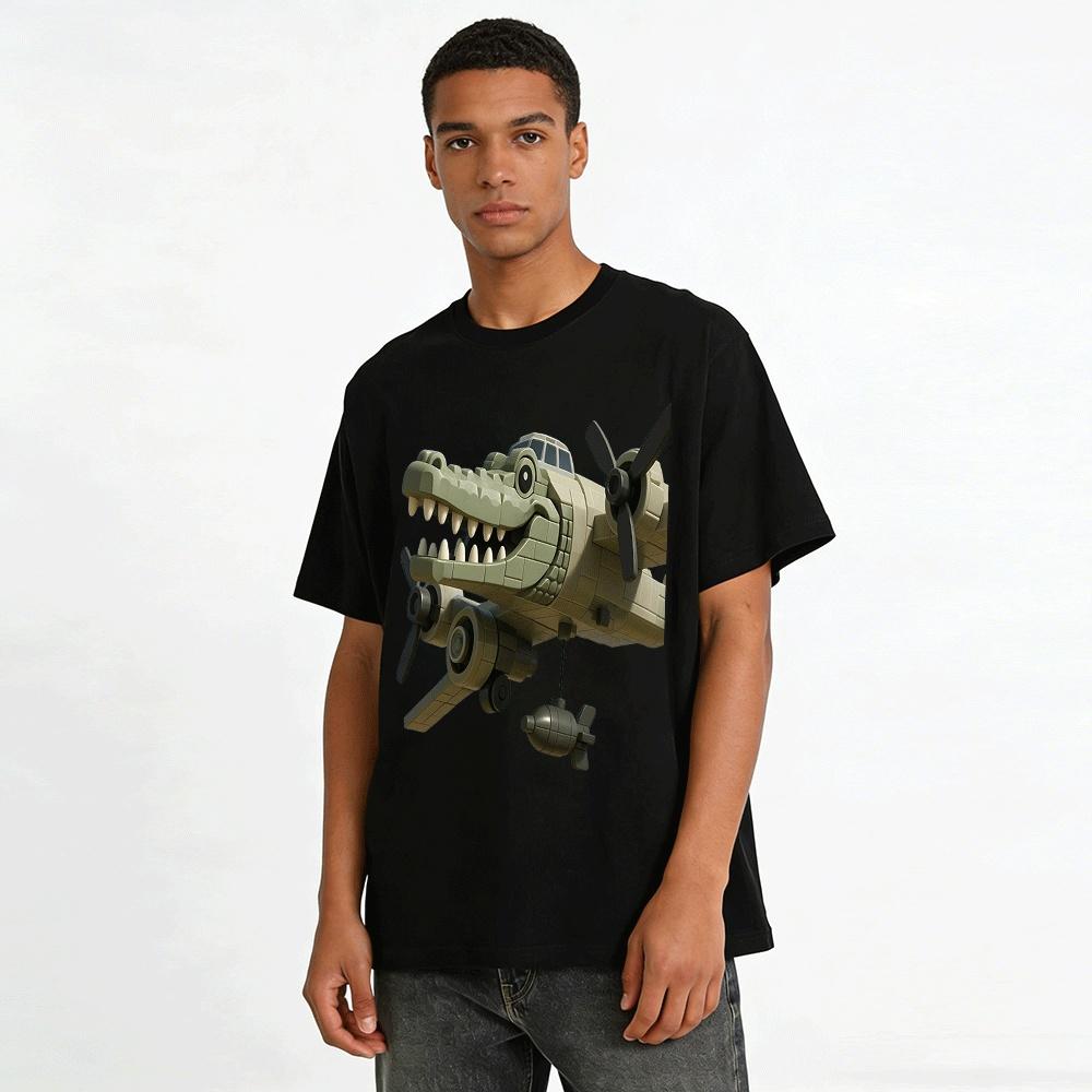 Fun Crocodile Bomber Plane Graphic Casual Top Pure Cotton T-shirt