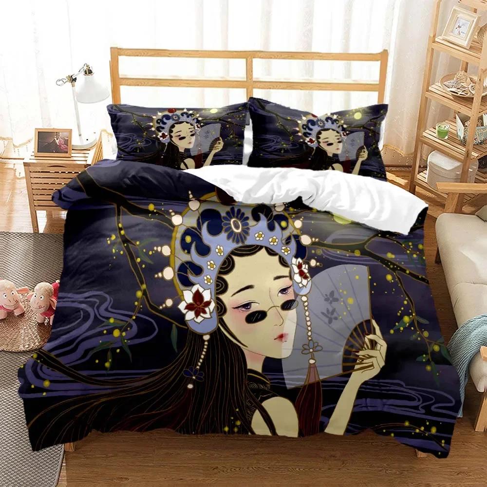 Chinese Cartoon Beijing Opera Natural Digital Printing Polyester Bedding Set Youth Three Piece Set Art Soft And Comfortable