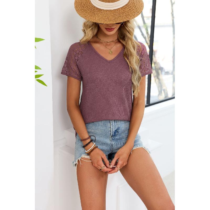 2026 Spring/Summer New Solid Color V-Neck Loose Lace Short-Sleeve T-Shirt for Women