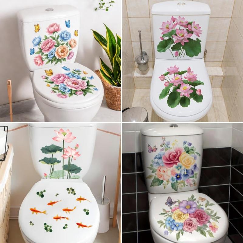 Floral Toilet Sticker Waterproof Easy to Clean Self-Adhesive Toilet Lid Wall Decal for Home Bathroom Decor