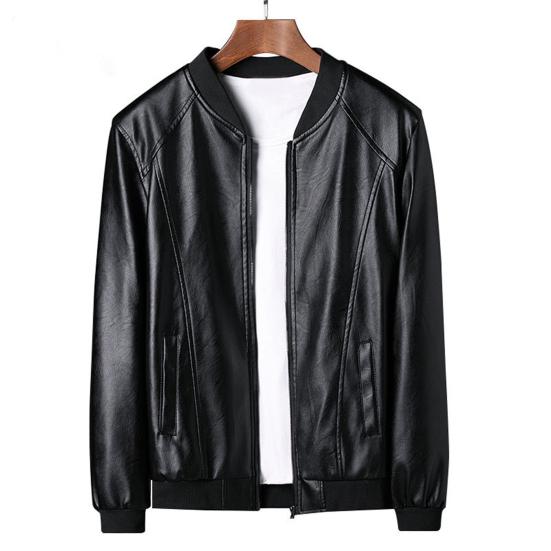 Men Coat Solid Color Stand Collar Windproof Faux Leather Thicken Plush Lining Zipper Jacket Streetwear