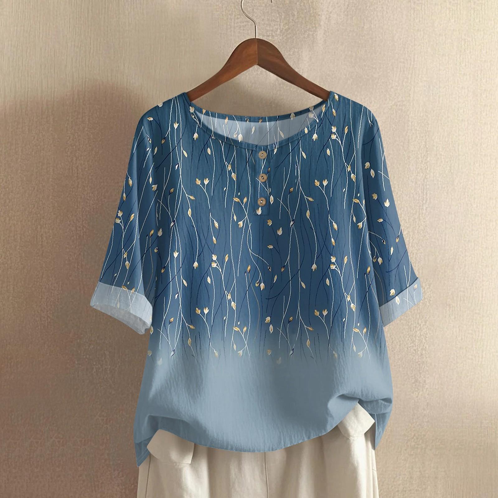 

Женская модная и повседневная рубашка с полурукавом, круглым вырезом, принтом, из хлопка и льна, блузка-топ XXL синий