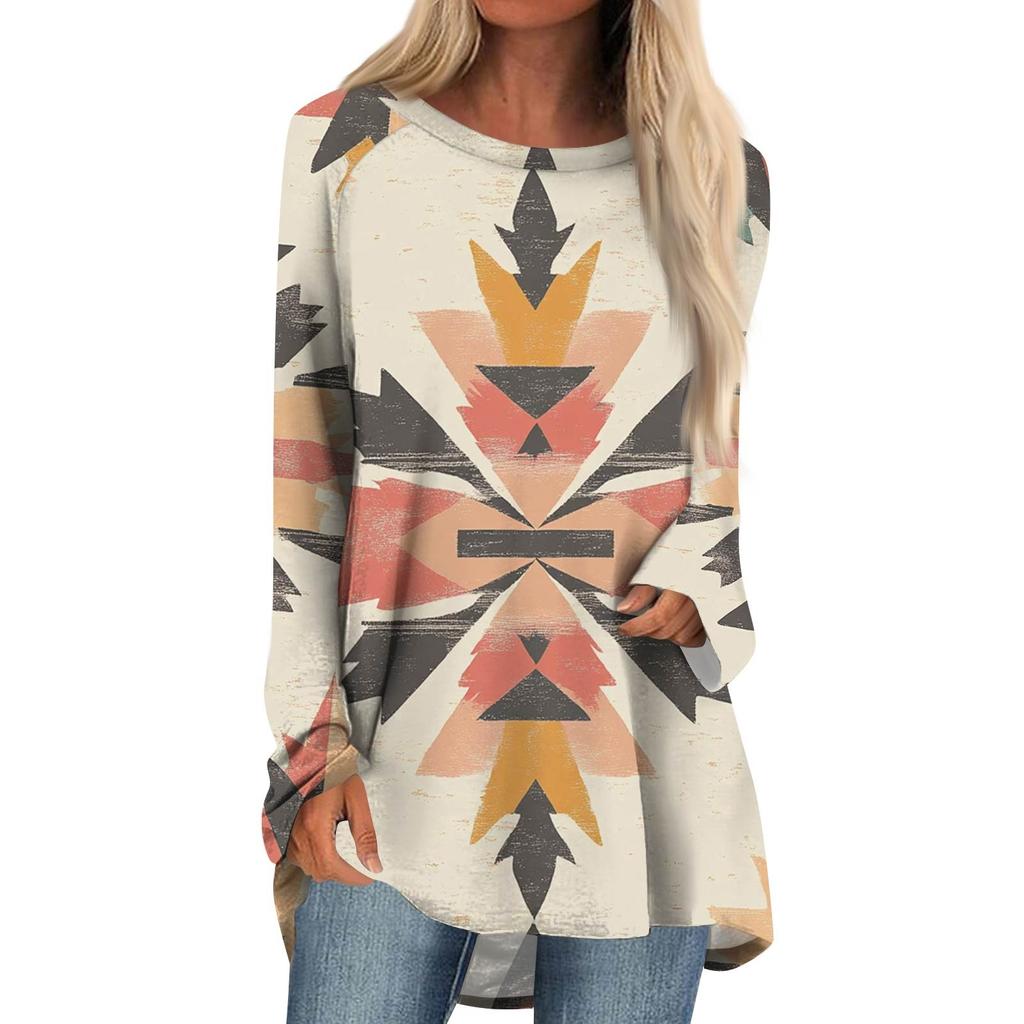 Women's Fashion Casual Long Sleeve  Print Round Neck Pullover Top Blouse