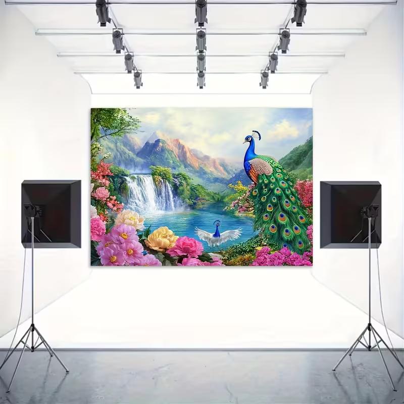 2D Elegant Peacock Floral Waterfall Backdrop Spring Nature Scenery Studio Background Cloth