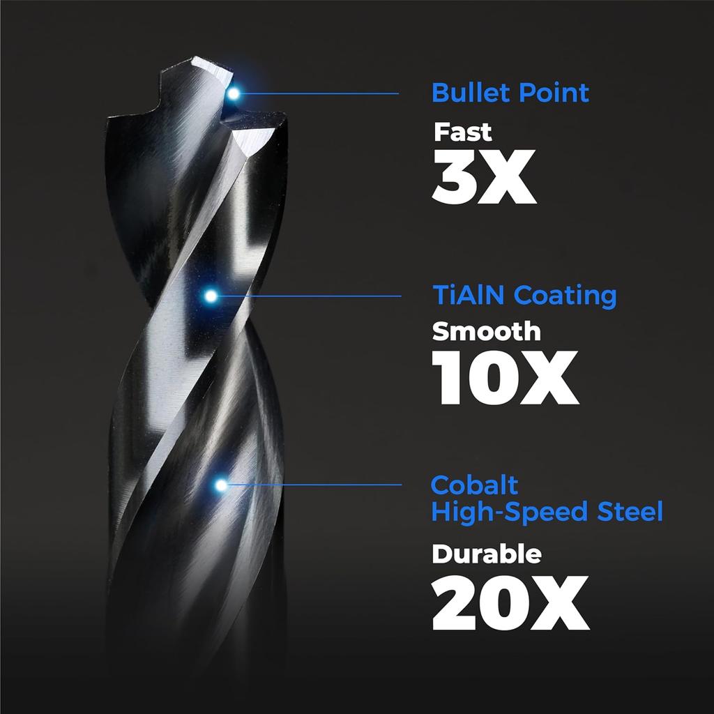 toolant Cobalt Drill Bit Set for Metal and Steel (Pro), Titanium Aluminum Nitride Coated (TiAlN) with Point Tip, for Hardened Metal, Stainless Steel,