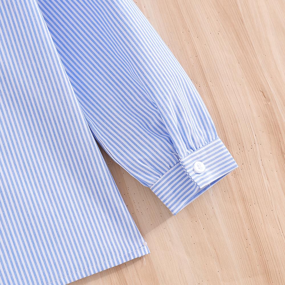 Girls Blue Striped Long Sleeve Shirt Ruffled Collar Blouse with Bow for Kids 5-12 Years Autumn New Children's Clothing