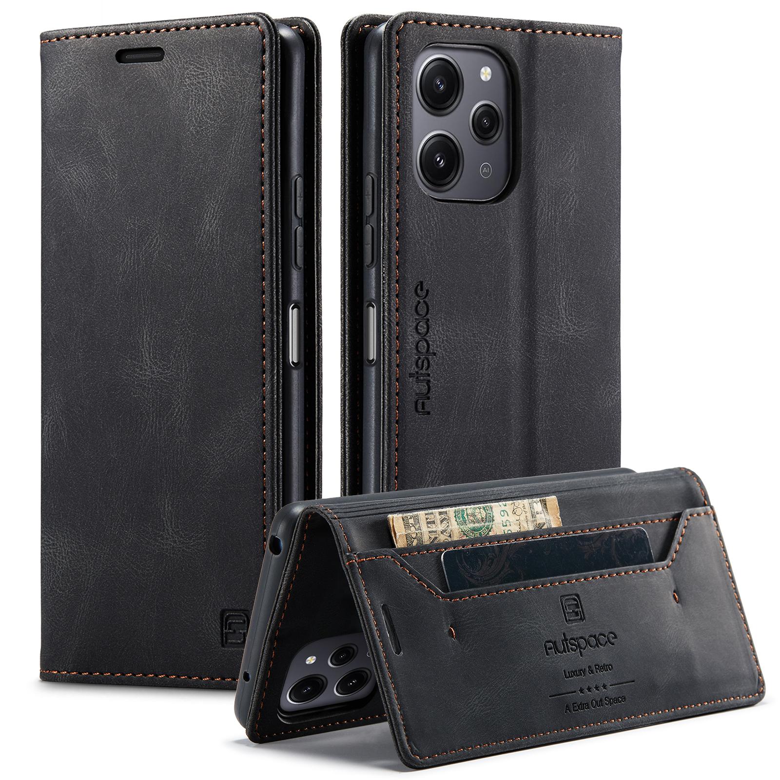

For Xiaomi Redmi Note 12R 5G/Xiaomi Redmi 12 4G Wallet Case AUTSPACE A01 Leather Stand Cover with RFID Blocking Card Holder Black
