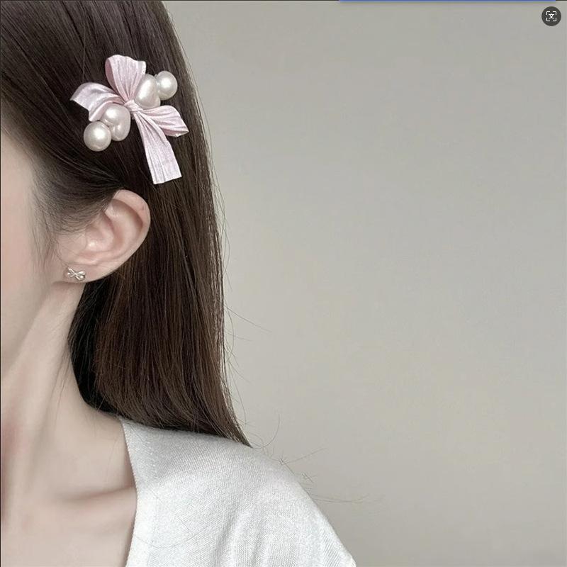 2pcs Elegant Bow Cute Pink Pearl Lace Bow Hair Clip Side Clip Sweet Hair Accessory Personality Niche Versatile Clip for Girls