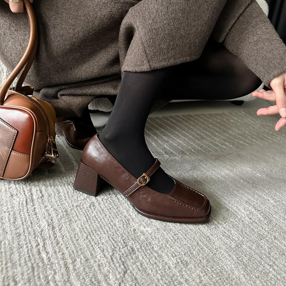 Aitādas versija~ retro ādas viena vārda sprādze bieza papēža augsti papēži sieviešu pavasara kvadrātveida galva Mary Jane kurpes platformas vienkurpes dāmu kurpes