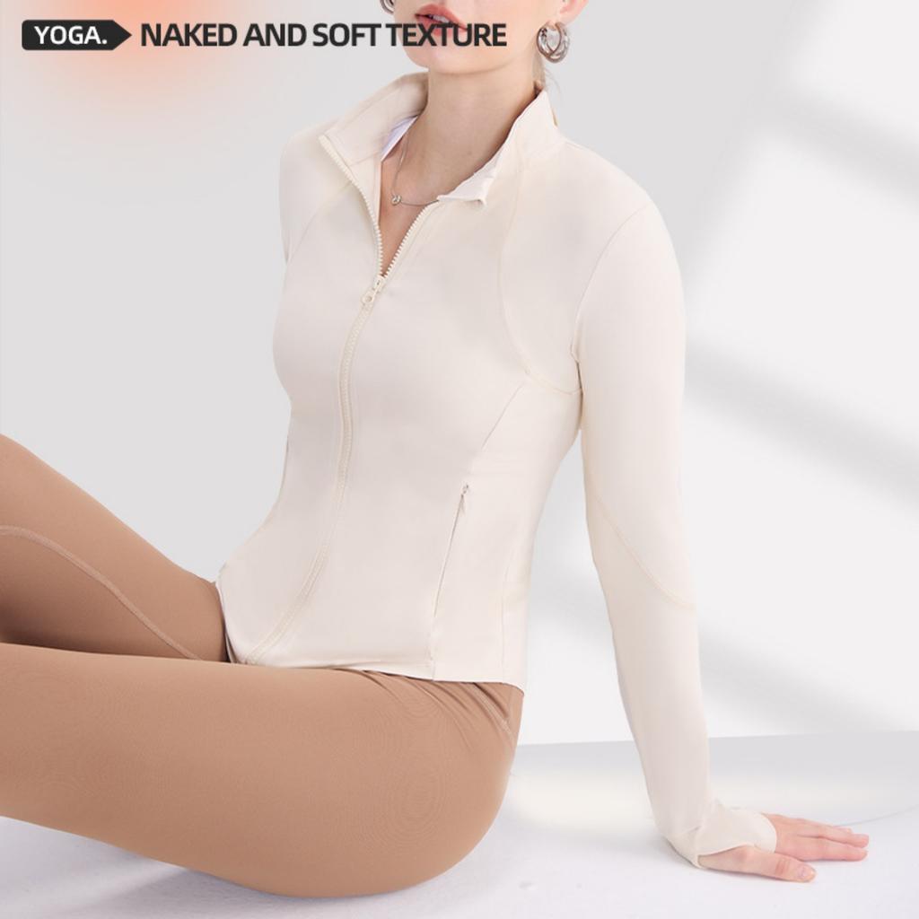 Atmungsaktiver, schnell trocknender Yogamantel für Damen mit Stehkragen und Reißverschluss