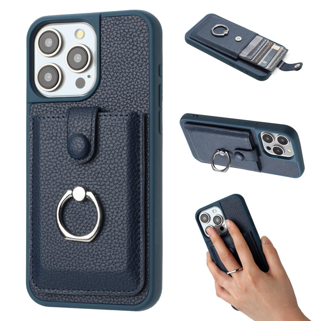 For iPhone 15 Pro Max Case Drawing Type Card Slots Litchi Texture Leather Back Cover with Ring Kickstand