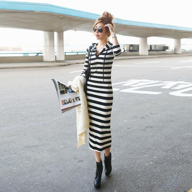 Cheap Spring and Autumn New Black and White Striped Long below the Knee