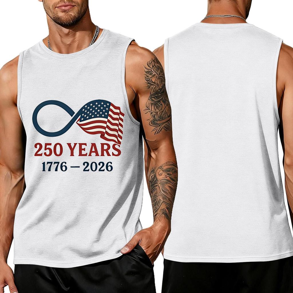 Men's Sleeveless Crew Neck Tank Top with Flag Print 250 Years Anniversary Athletic Fit Shirt