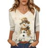 Women's Fashion Casual V Neck 3/4 Sleeve Loose  Printed T-Shirt Ladies Top