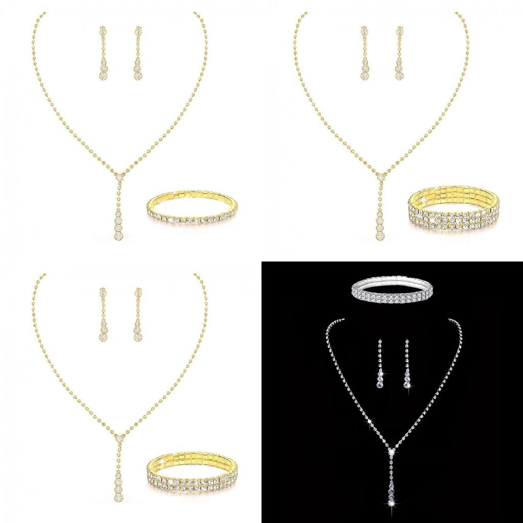 Elegant Silver Alloy Bridal Necklace Earrings Bracelet Set With Geometric Design For Wedding Party