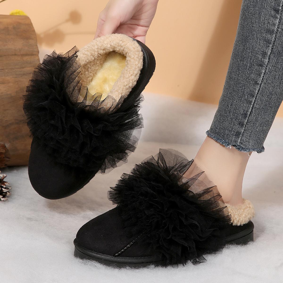 

Fashion Women s Elegant Gauze Decorated Cotton Indoor Slippers Warm Short Plush Soft Non-slip Plush Bedroom Slippers in Winter. 36 чорний