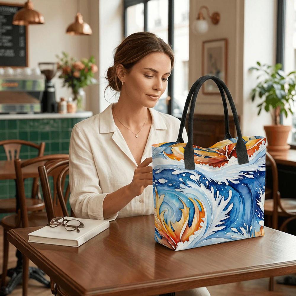 Watercolor Wave Print Large Tote Bag Casual Shoulder Handbag for Daily Use
