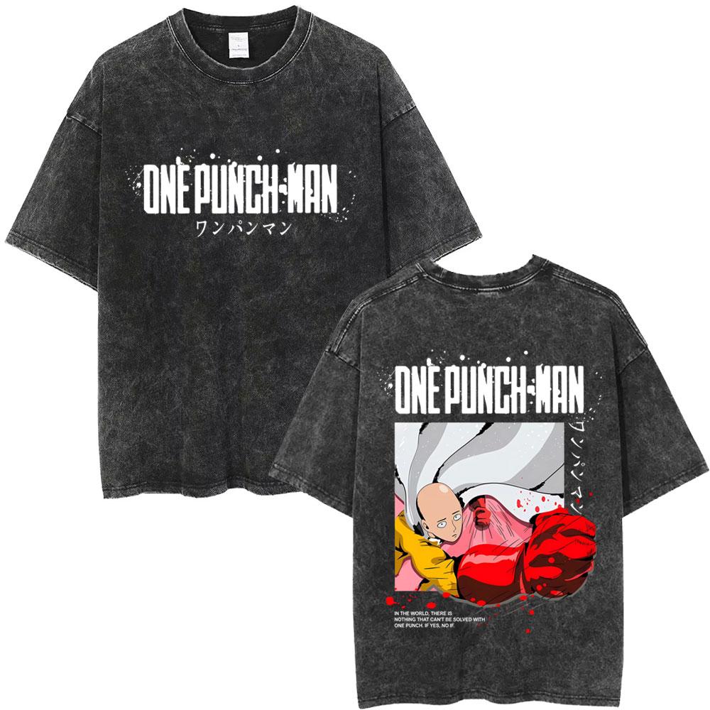 Gewaschenes Vintage Anime One Punch Man Saitama Saitamas Fitnessstudio Lustiges Meme Grafik T-Shirt Herren Damen Fitness Freizeit Übergroße T-Shirts
