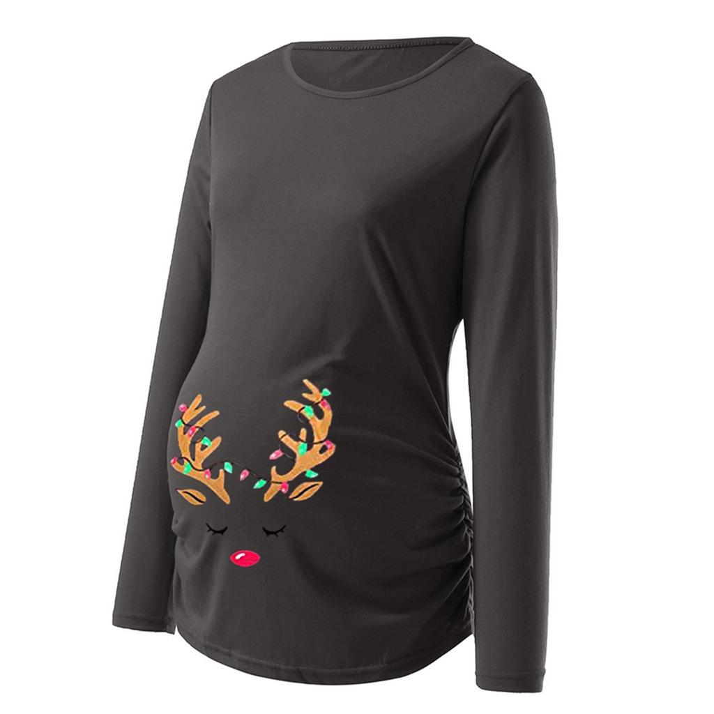 Women's Print Christmas Side Ruched Long Sleeve Maternity Top Pregnancy Clothes