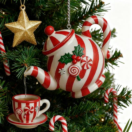 Yousheng Christmas Teapot Ornament Holly Vintage Tea Cups And Pot Set Xmas Tree Hanging Ornaments 2D Acrylic Teapot Decor with Pouring Tea Effect