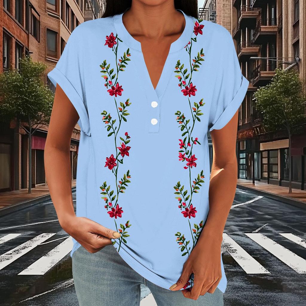 Women Casual Loose Fit Short Sleeve V Neck Button Floral Print Top Lightweight Summer Blouse