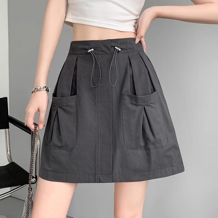Gray Women's A-Line Midi Skirt with Elastic Drawstring Waist - Summer 2025 Anti-Exposure Workwear Style
