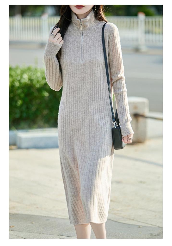 Women's Pure Wool Knit Maxi Dress - Long Sleeve, Half-Zip, Loose Fit, Solid Color, Autumn/Winter Fashion.