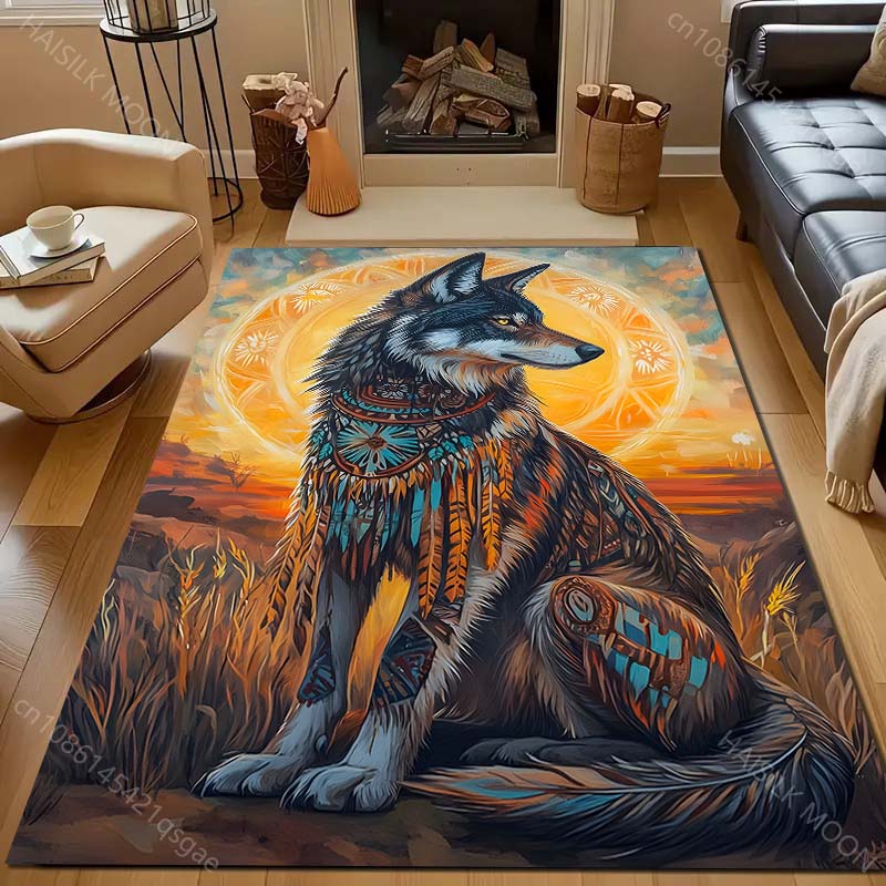 Various Sizes Aboriginal Style Wolf Print Carpet for Living Room Bedroom Bedside Sofa Floor Mat Modern Home Decor Large Size