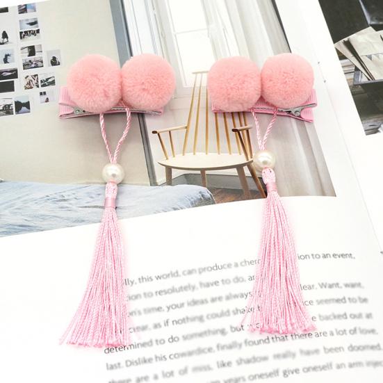 1Pair Chinese Style Kid Girl Pompom Fan Tassel Hairpins Hair Clips Accessories