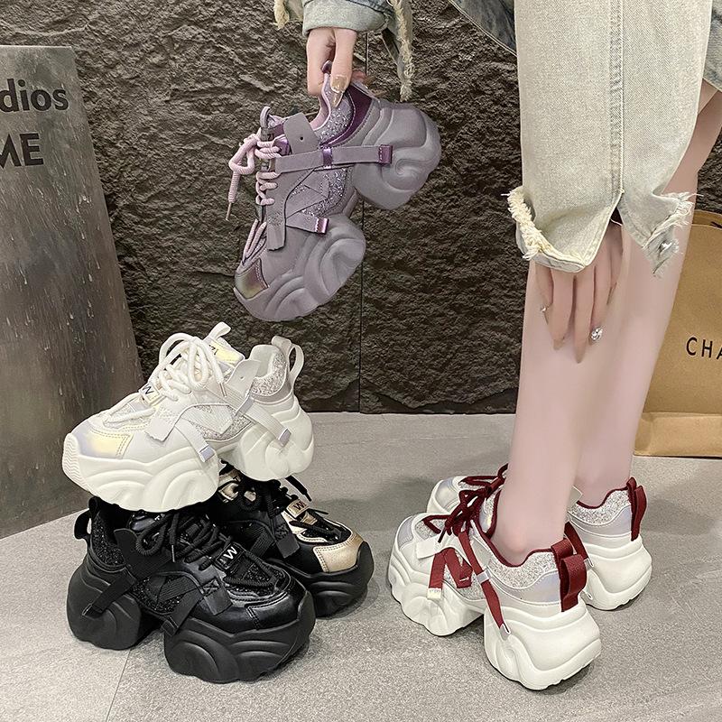 Fashion Women's Spring Autumn Platform Sequin Sneakers Lace-up Chunky Heeled Casual Shoes for Woman Versatile Tennis Vulcanize Shoes