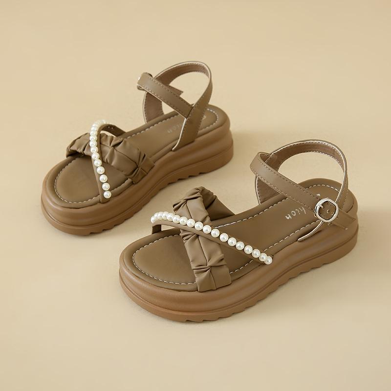 

Босоножки на платформе-маффине, женские летние, для улицы, темпераментные, в стиле феи с жемчугом, юбка, маленькие, увеличивающие рост, сандалии с перемычкой 40 хаки