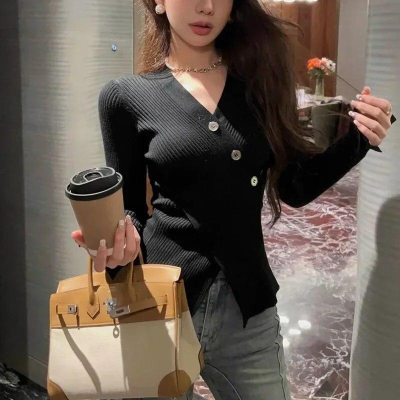 French Style Slim Fit Pullovers Knit Tops Solid Color V-neck Sweaters Autumn And Winter  Long Sleeve Women Clothes 29763