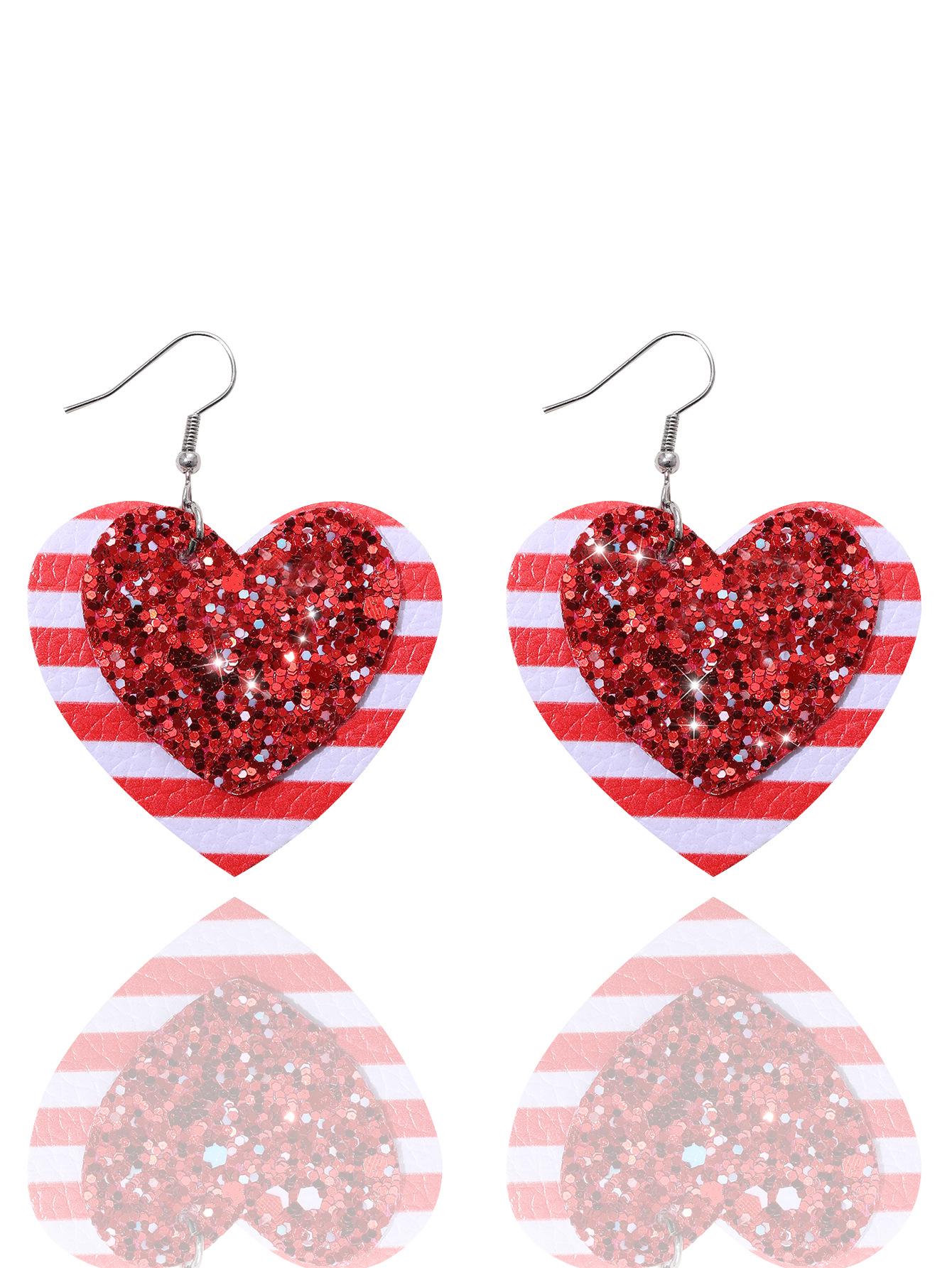 Valentine s Day Red & White Striped Heart Sequin Glitter Leather Earrings