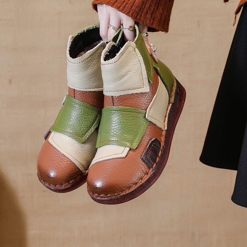 Vintage patches genuine leather ankle boots woman luxury snow shoes waterproof short plush boot women autumn booties lady flats