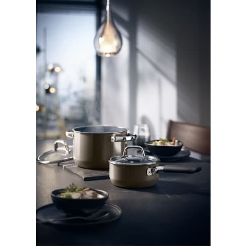 WMF FusionTech Mineral High Casserole DR (Dark Brass), a 20cm deep double-handled pot compatible with induction and gas stoves, perfect for waterless