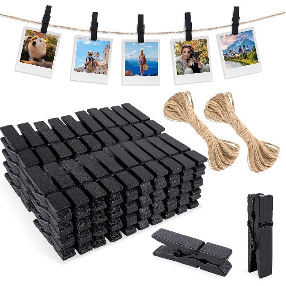 joycraft Mini Wooden Clothesp with String - 100Pcs Brown Craft Clips, 1.4 in Photo Holder Hanging Clips for DIY Craft, Wedding Party Decor, Classroom